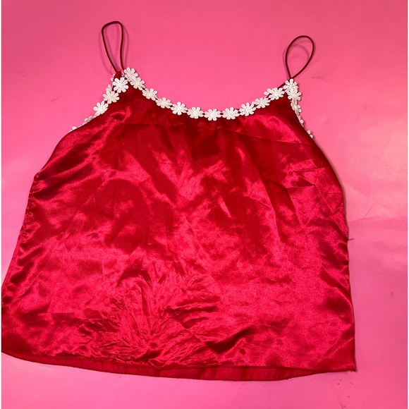 Bright Red Cami Top with Floral Trim 💋✨ - Picture 2 of 4